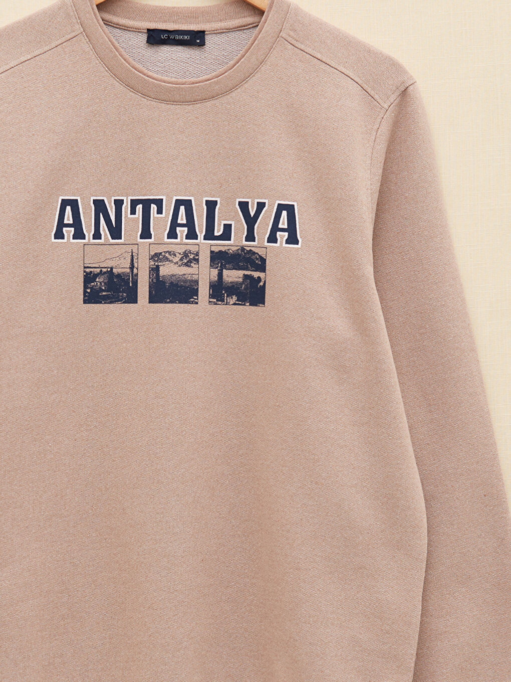 Bej Bisiklet Yaka Uzun Kollu Antalya Baskılı Erkek Sweatshirt-7