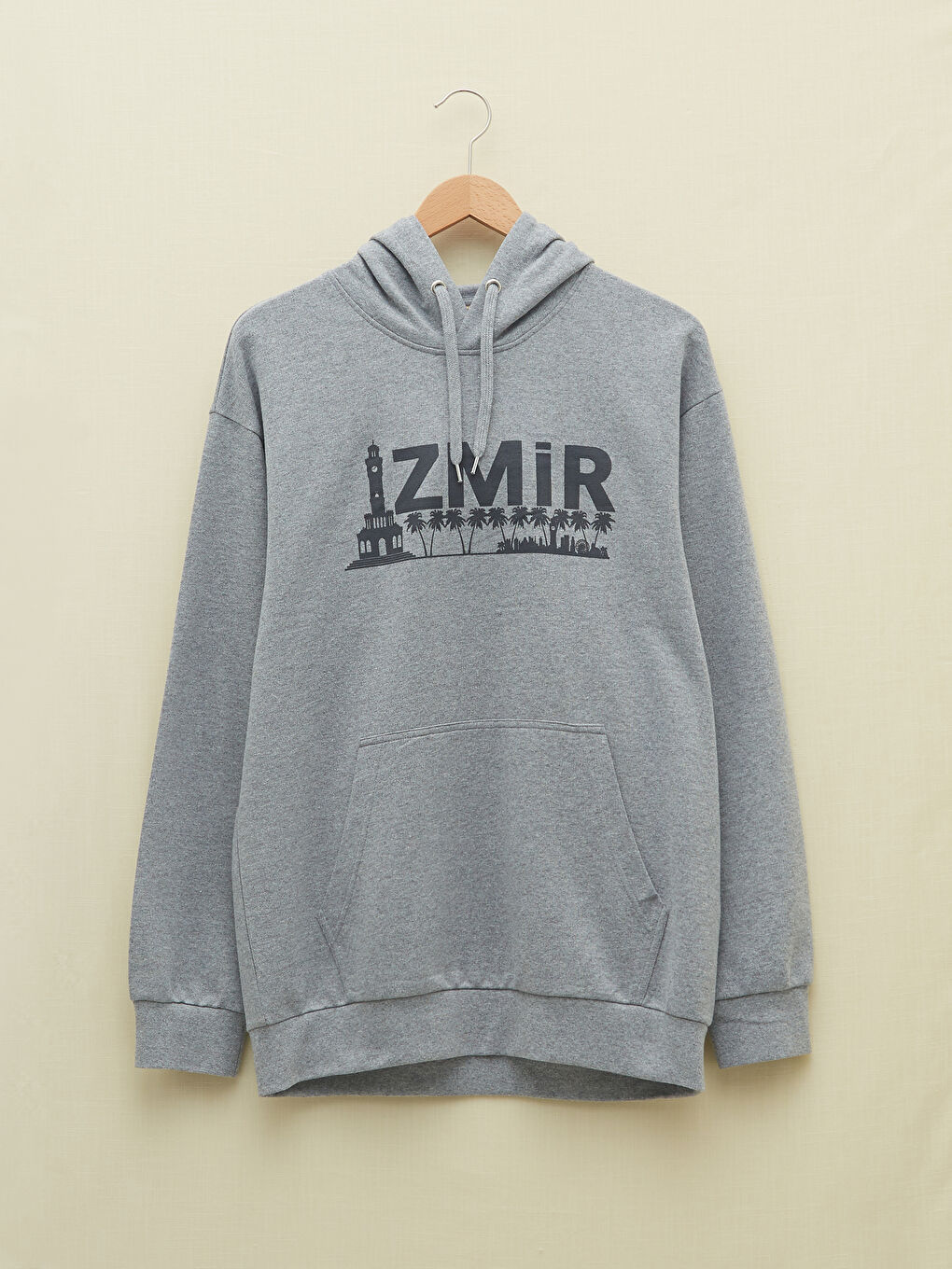 LCWAIKIKI Classic Gri Oversize Uzun Kollu İzmir Baskılı Erkek Hoodie - 4