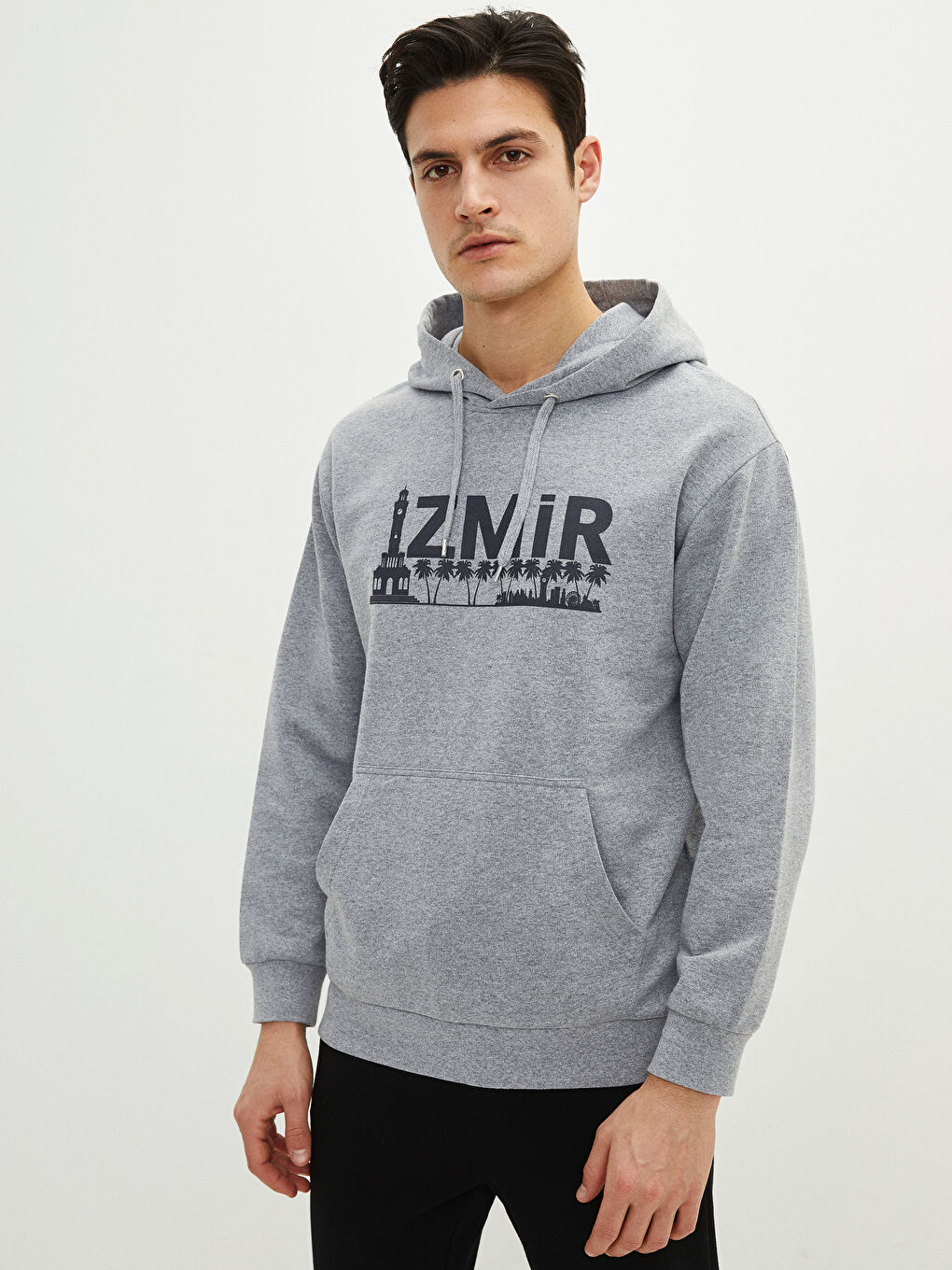 LCWAIKIKI Classic Gri Oversize Uzun Kollu İzmir Baskılı Erkek Hoodie