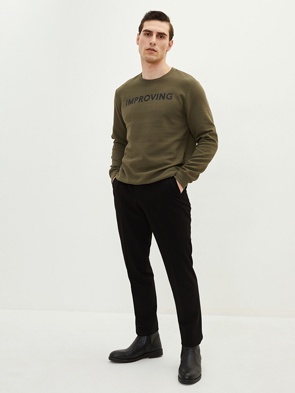 Haki Bisiklet Yaka Uzun Kollu Baskılı Erkek Sweatshirt-2