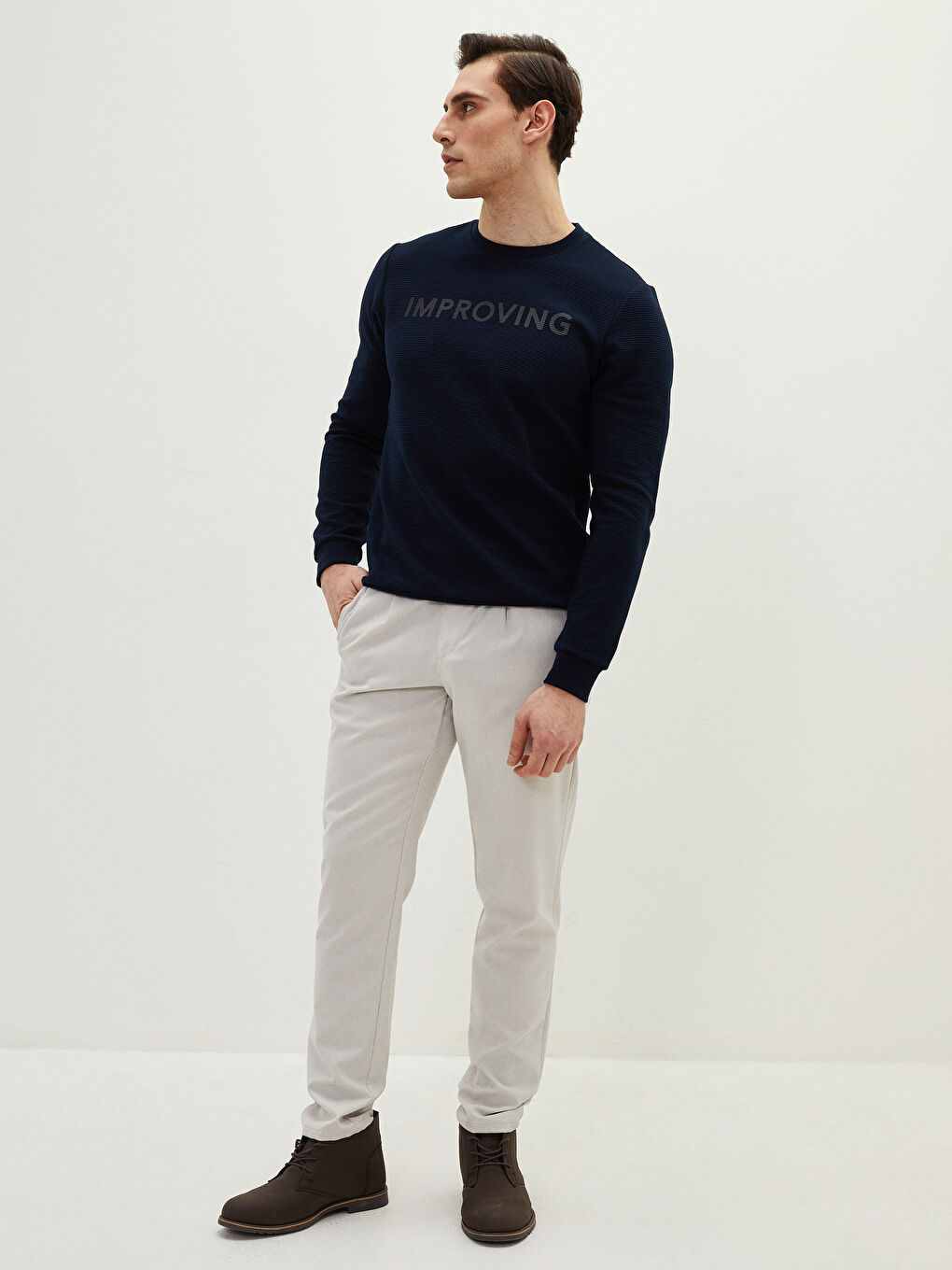 Lacivert Bisiklet Yaka Uzun Kollu Baskılı Erkek Sweatshirt-2