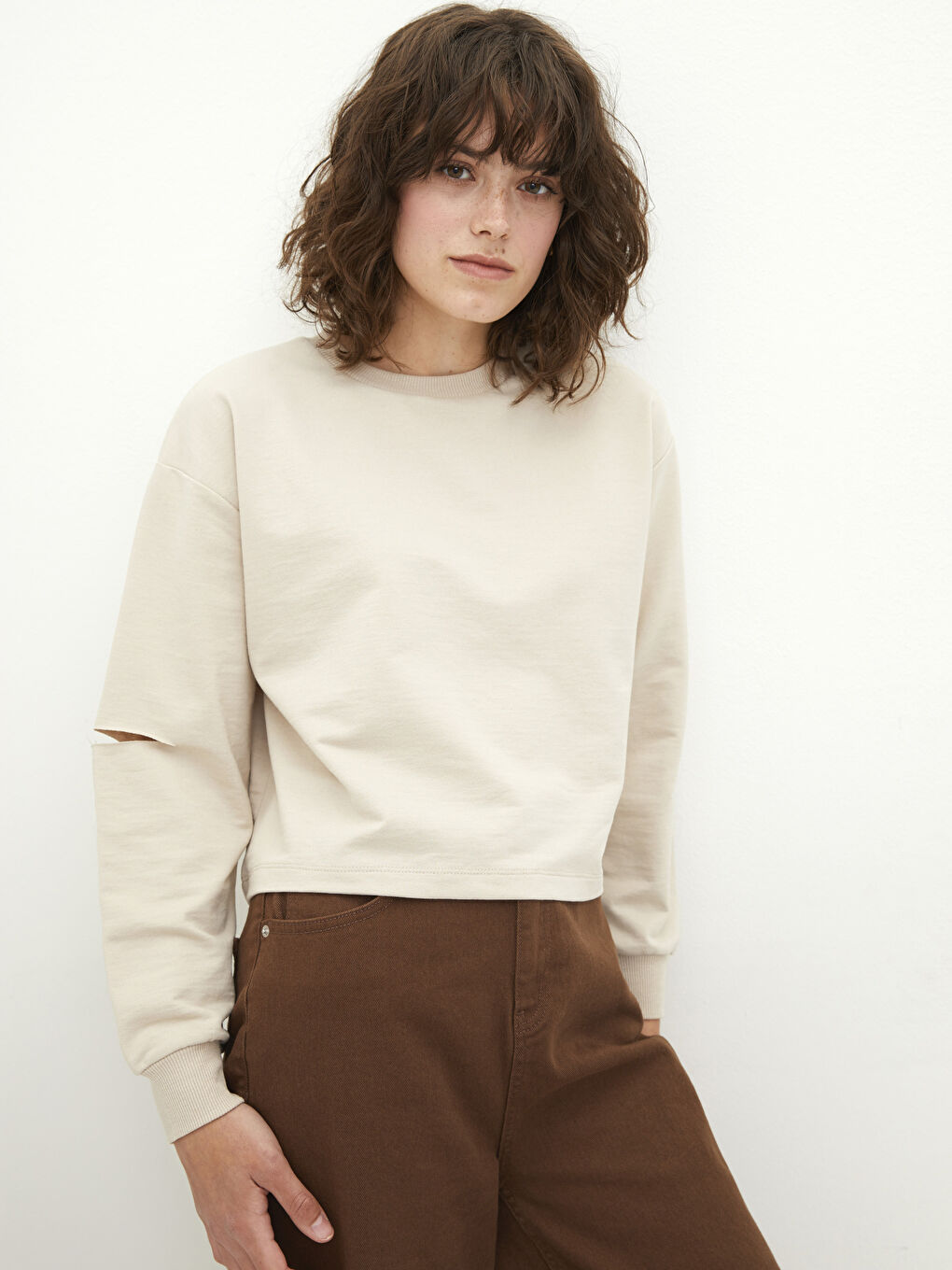 Sweatshirt à Col Rond Uni à Manches Longues pour Femmes