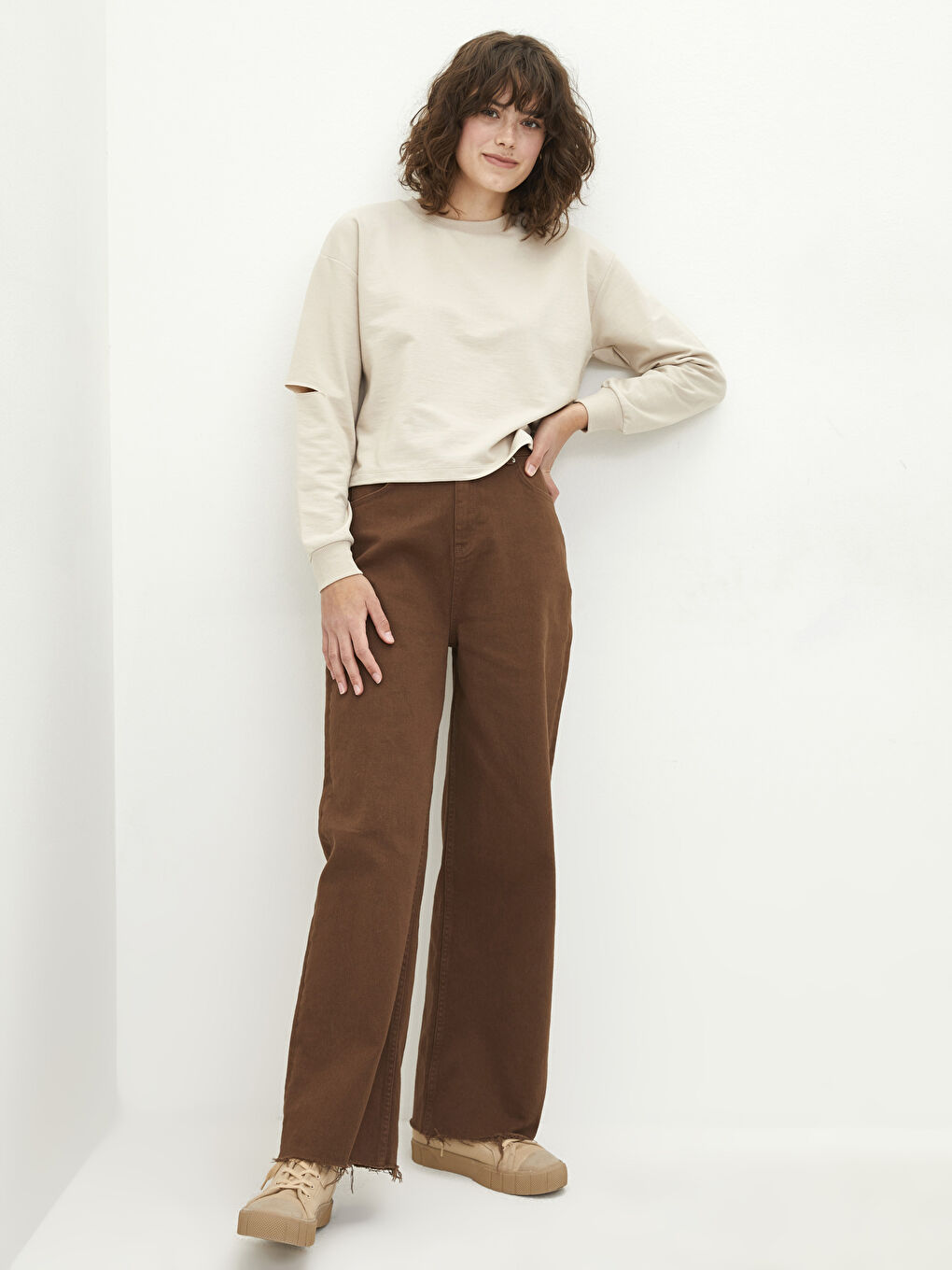 Sweatshirt à Col Rond Uni à Manches Longues pour Femmes-2