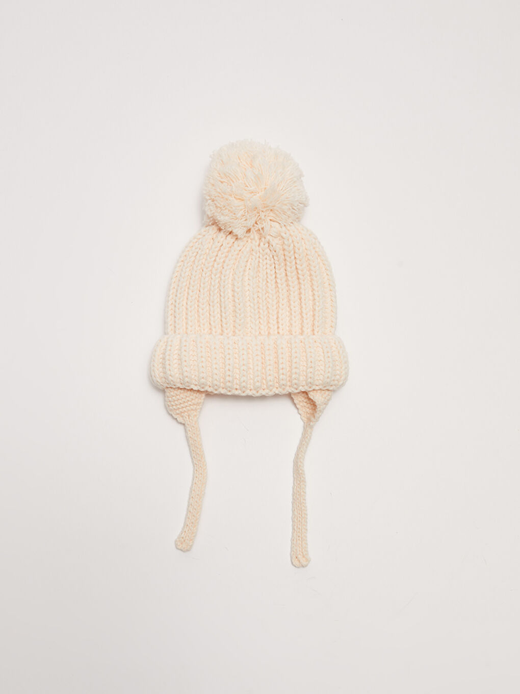 Ekru Ponpon Detaylı Kız Bebek Triko Bere