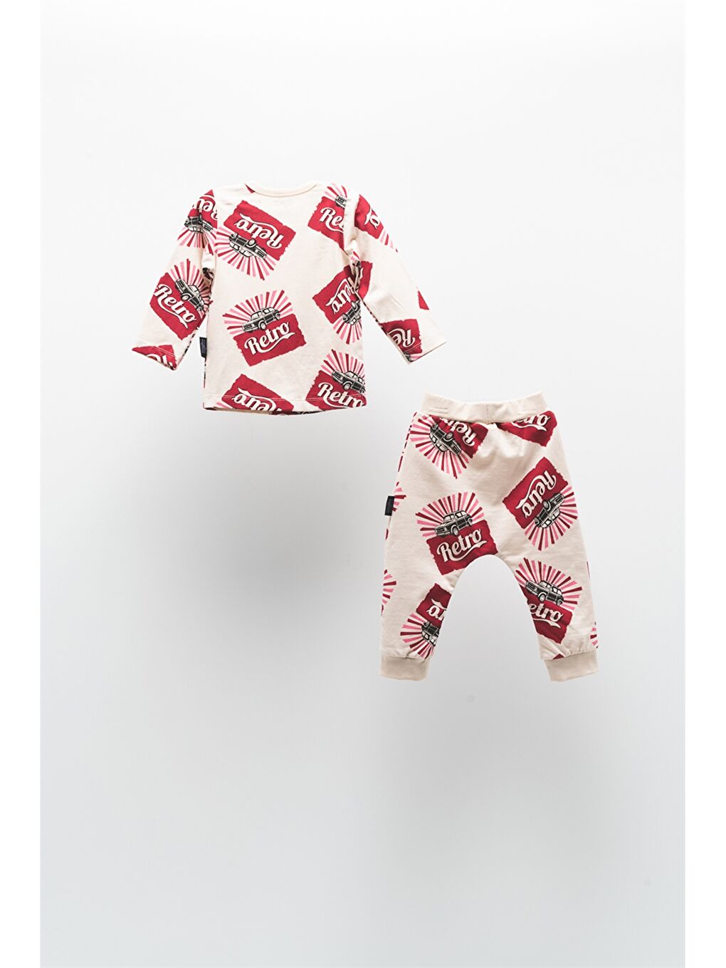 Bej Bisiklet Yaka Baskılı Uzun Kollu Unisex Bebek Sweatshirt ve Eşofman Altı 2'li Takım