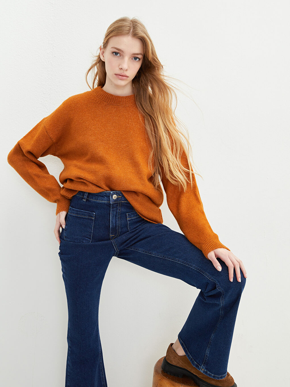 Sarı Bisiklet Yaka Düz Uzun Kollu Kadın Triko Kazak