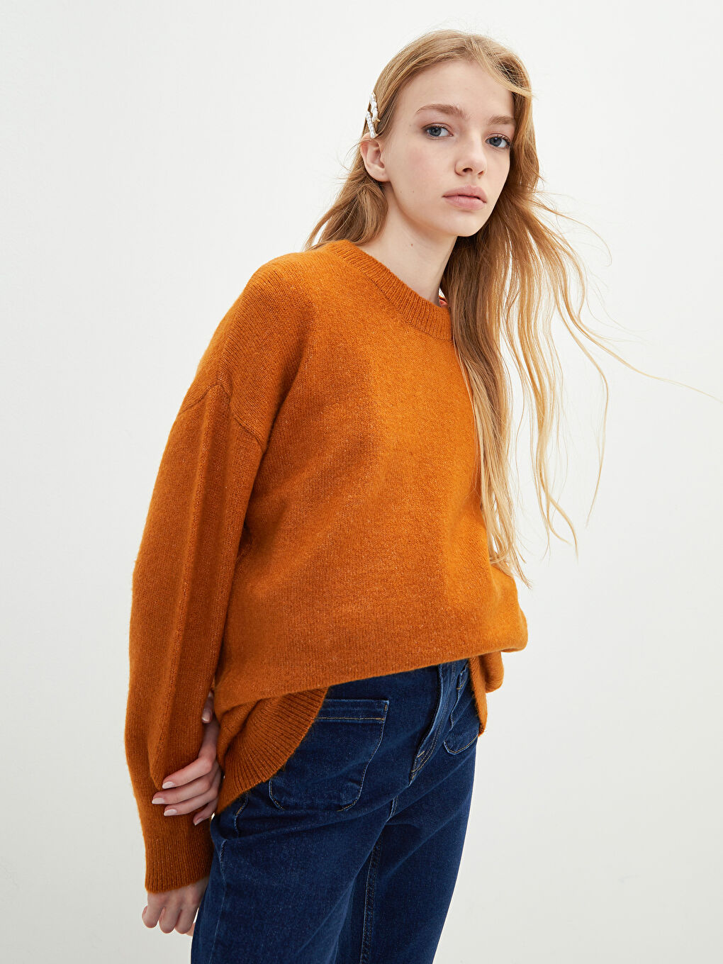 Sarı Bisiklet Yaka Düz Uzun Kollu Kadın Triko Kazak-1