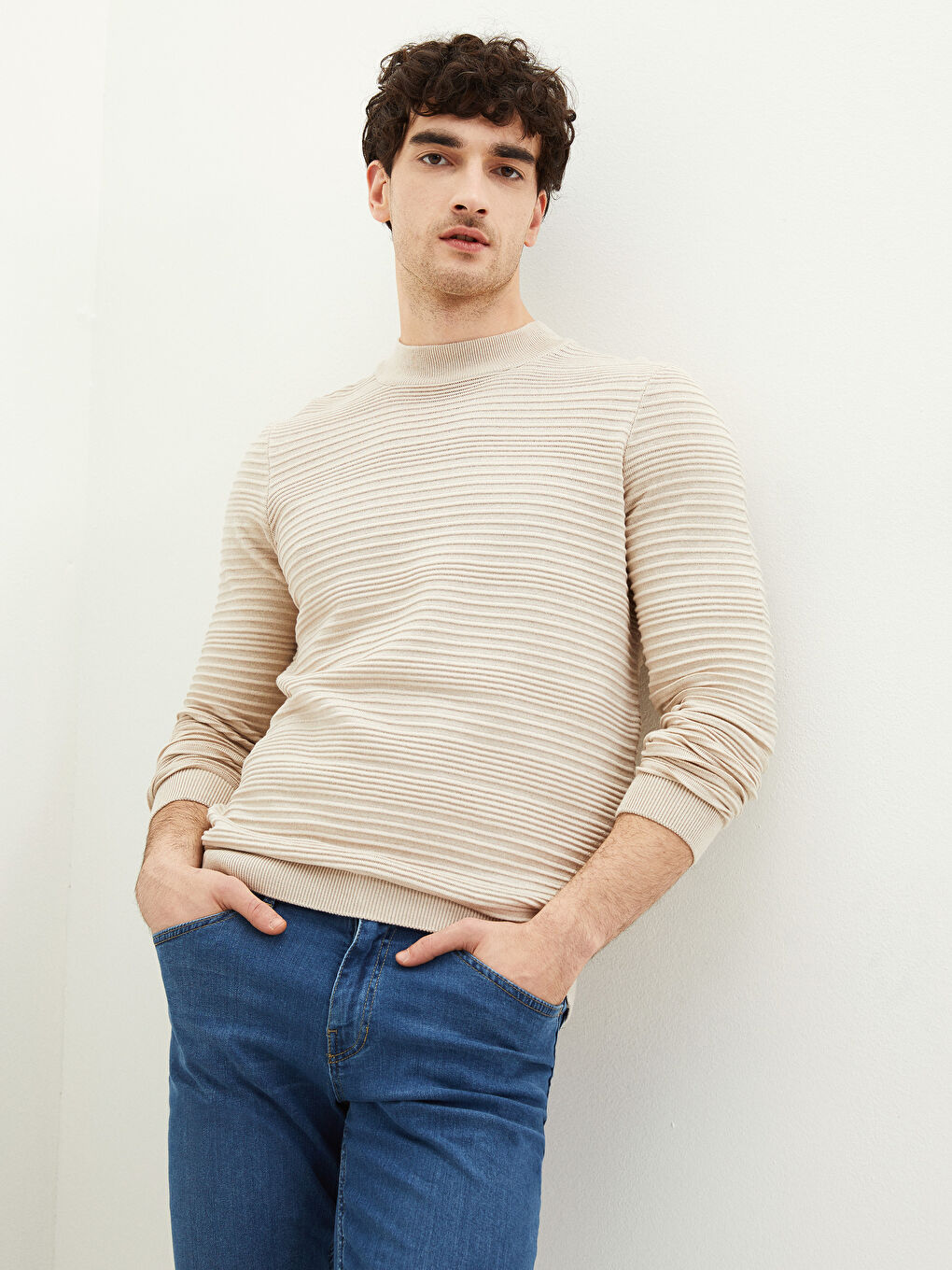 Bej Yarım Balıkçı Yaka Uzun Kollu Erkek Triko Kazak