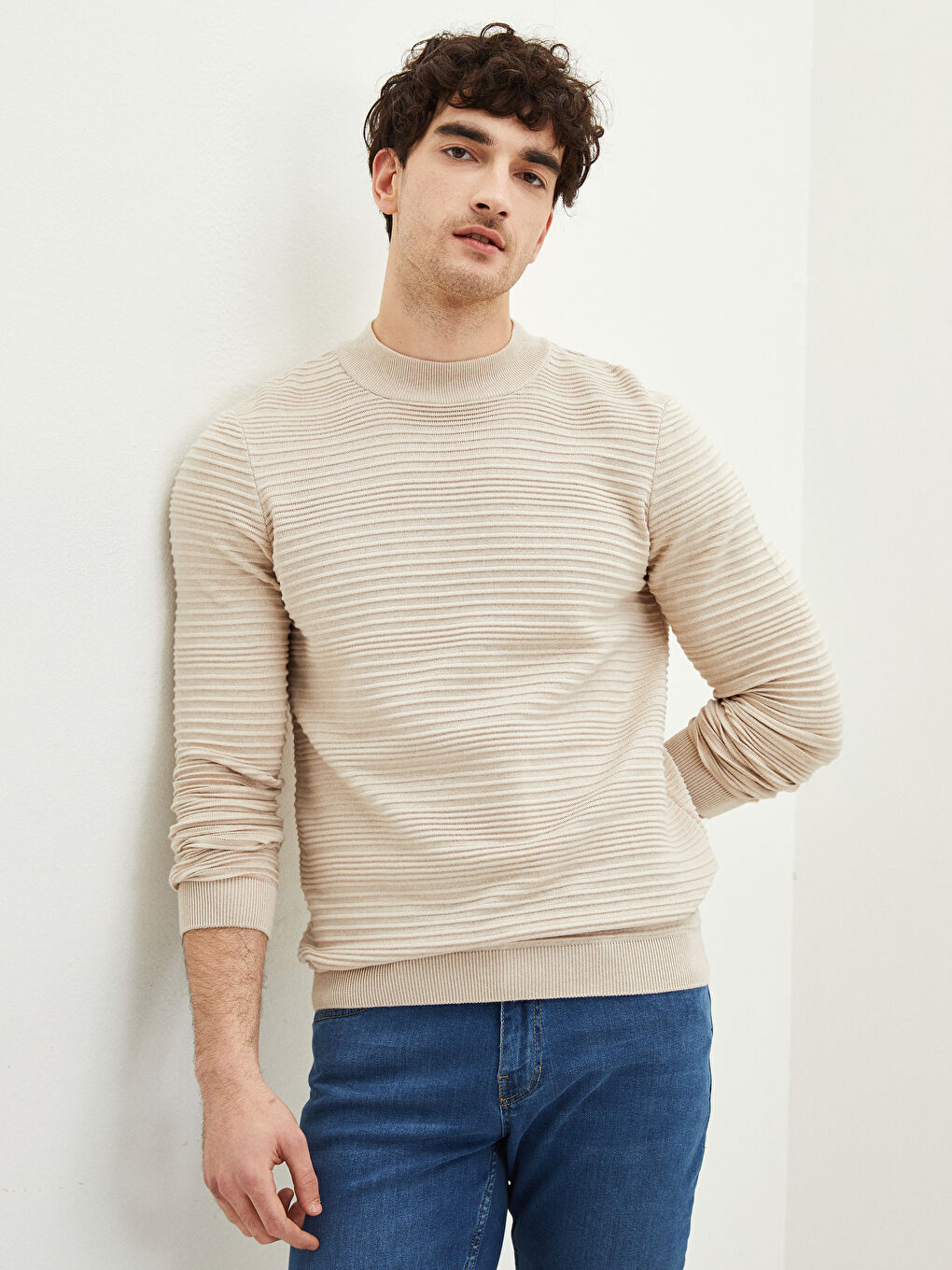 Bej Yarım Balıkçı Yaka Uzun Kollu Erkek Triko Kazak-1