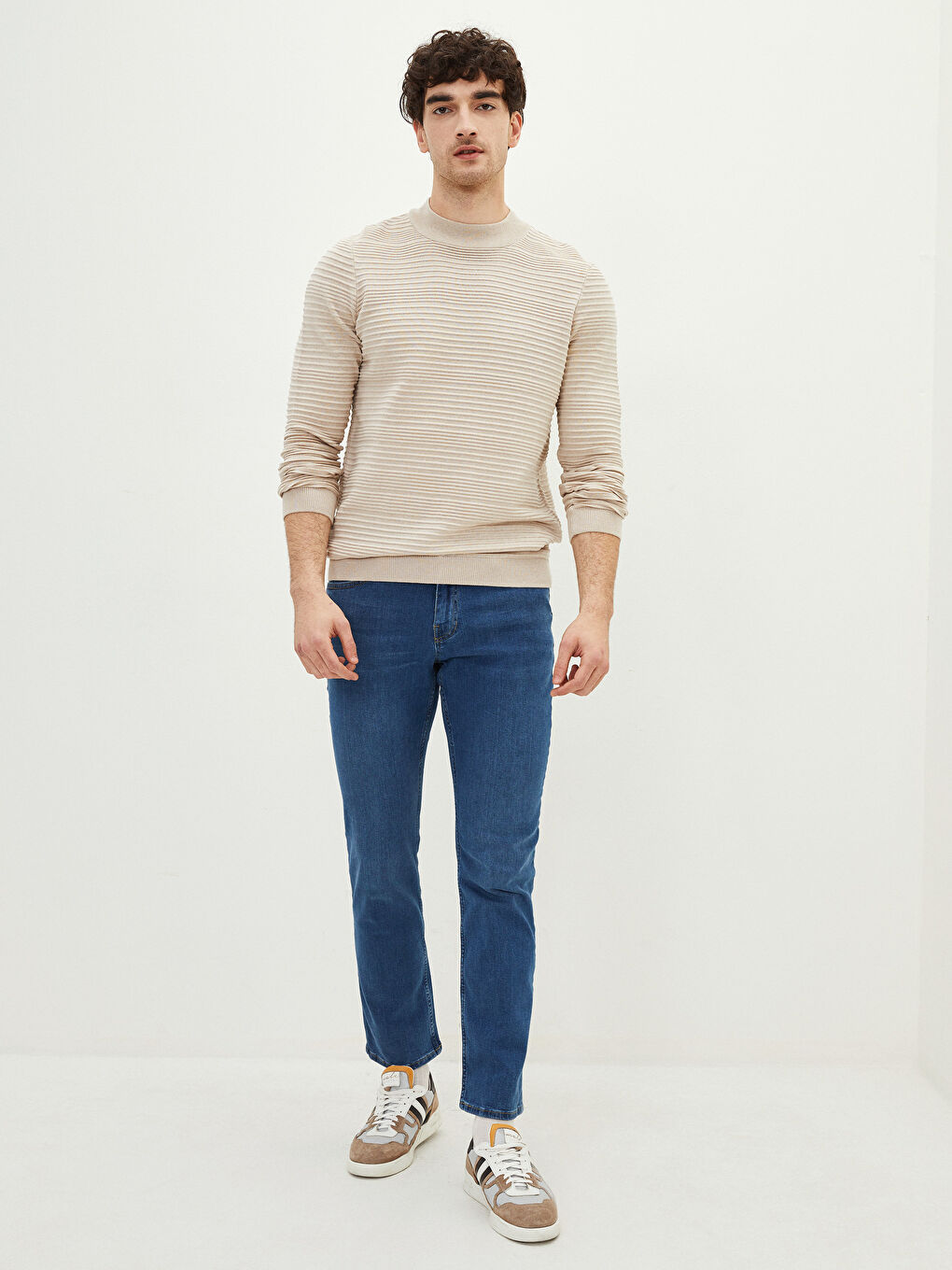 Bej Yarım Balıkçı Yaka Uzun Kollu Erkek Triko Kazak-2