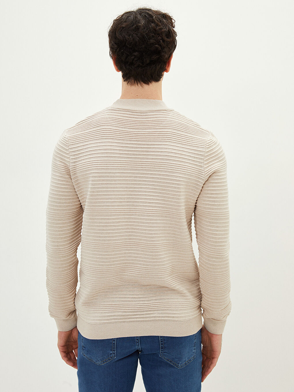 Bej Yarım Balıkçı Yaka Uzun Kollu Erkek Triko Kazak-4