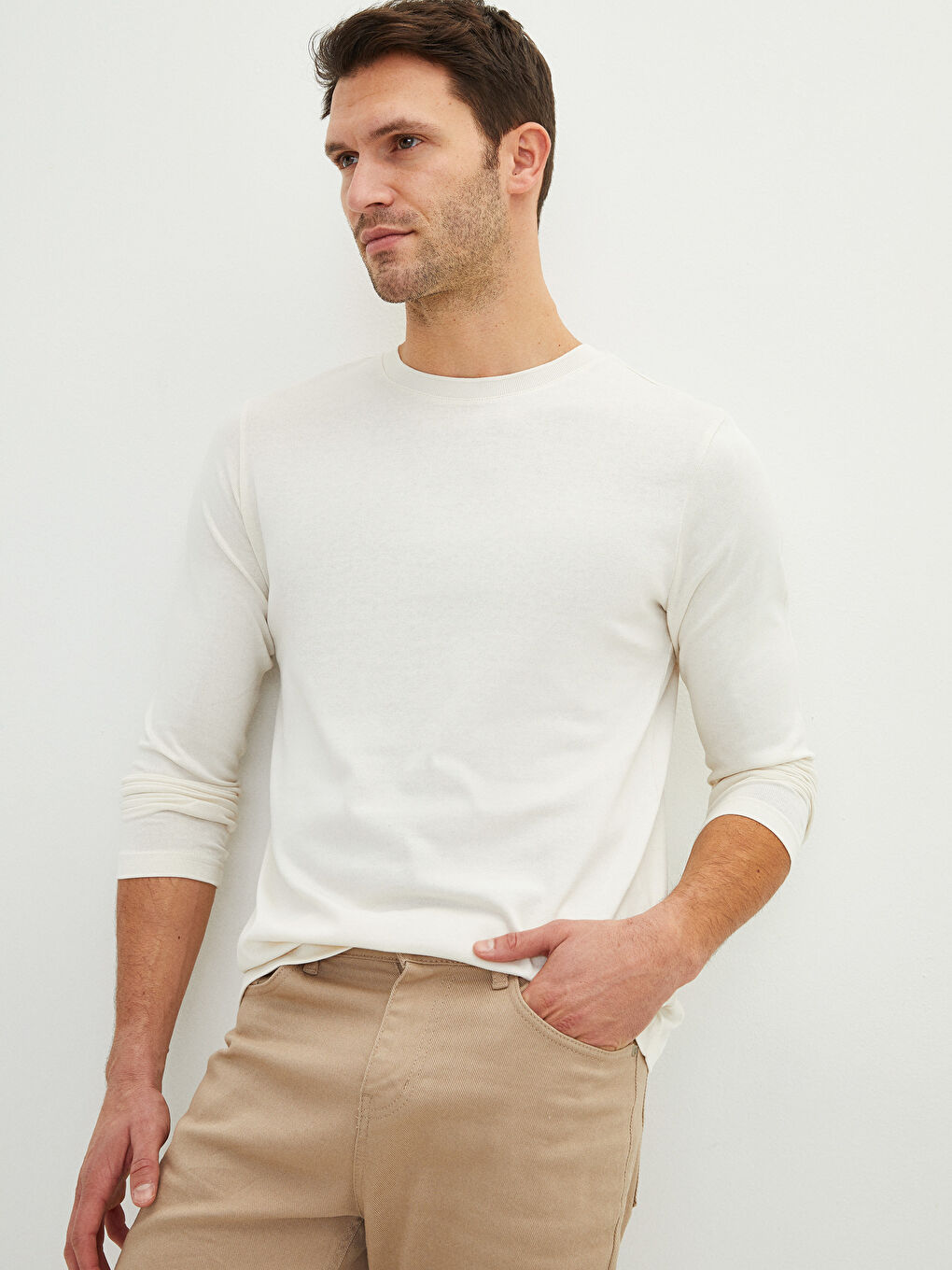Tricou cu Mânecă Lungă și Guler Rotund din Jerseu pentru Bărbați-1