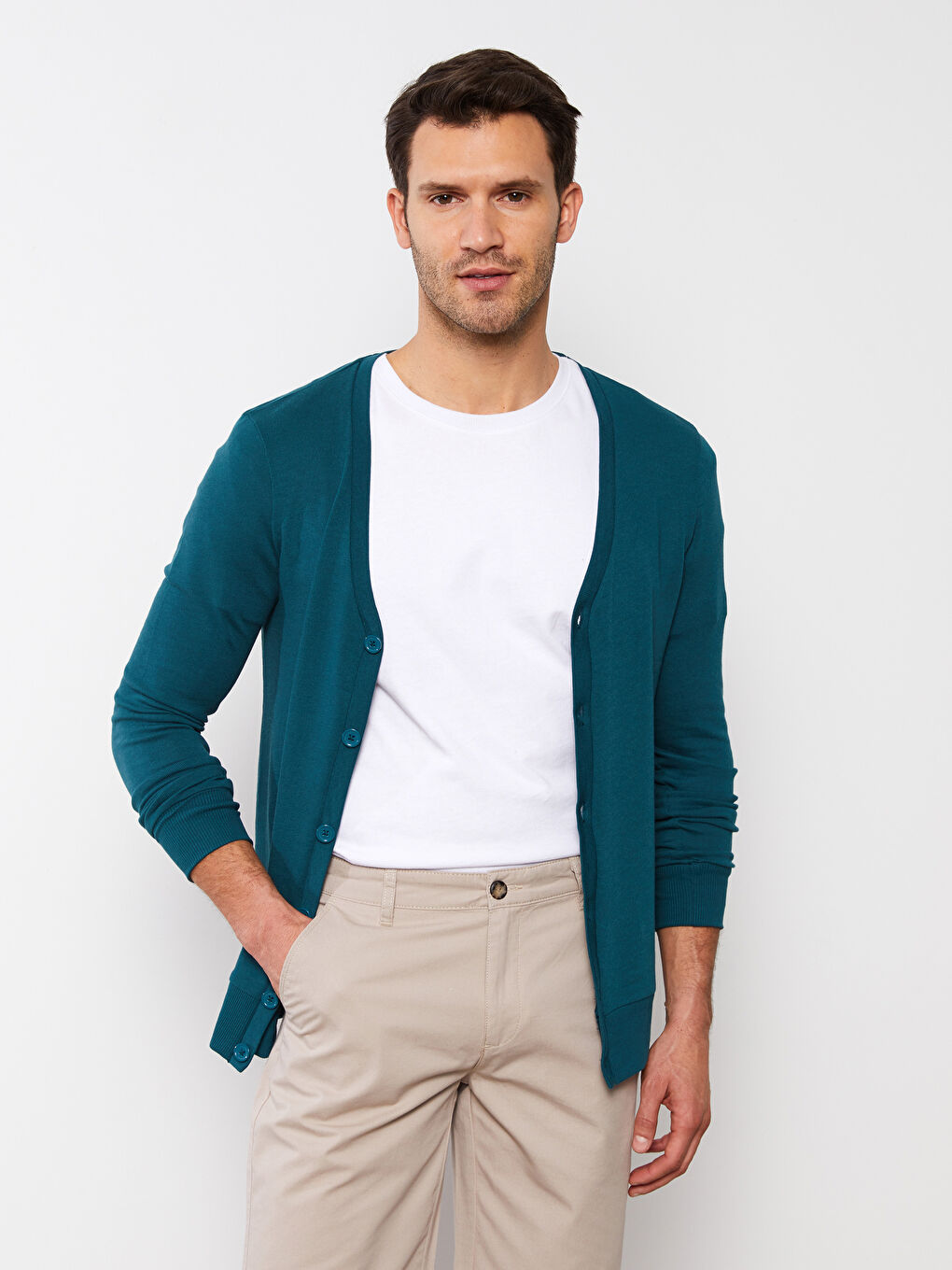 Petrol Standart Kalıp V Yaka Uzun Kollu Erkek Hırka