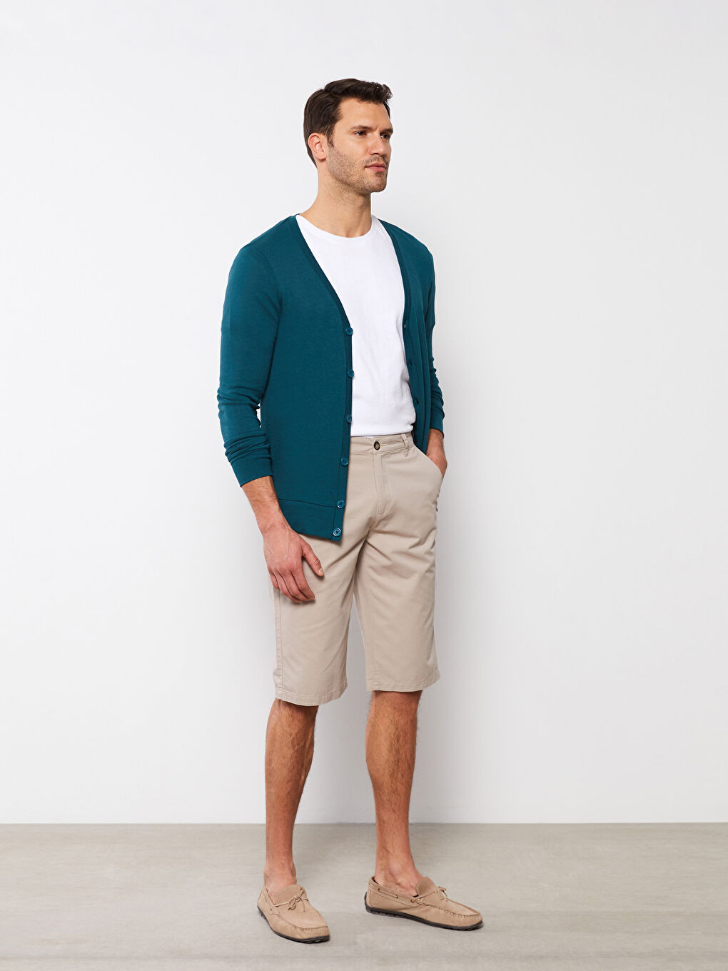 Petrol Standart Kalıp V Yaka Uzun Kollu Erkek Hırka-1