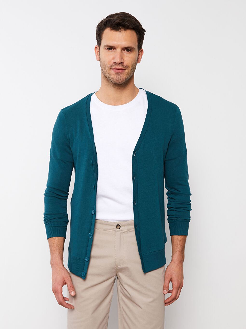 Petrol Standart Kalıp V Yaka Uzun Kollu Erkek Hırka-2