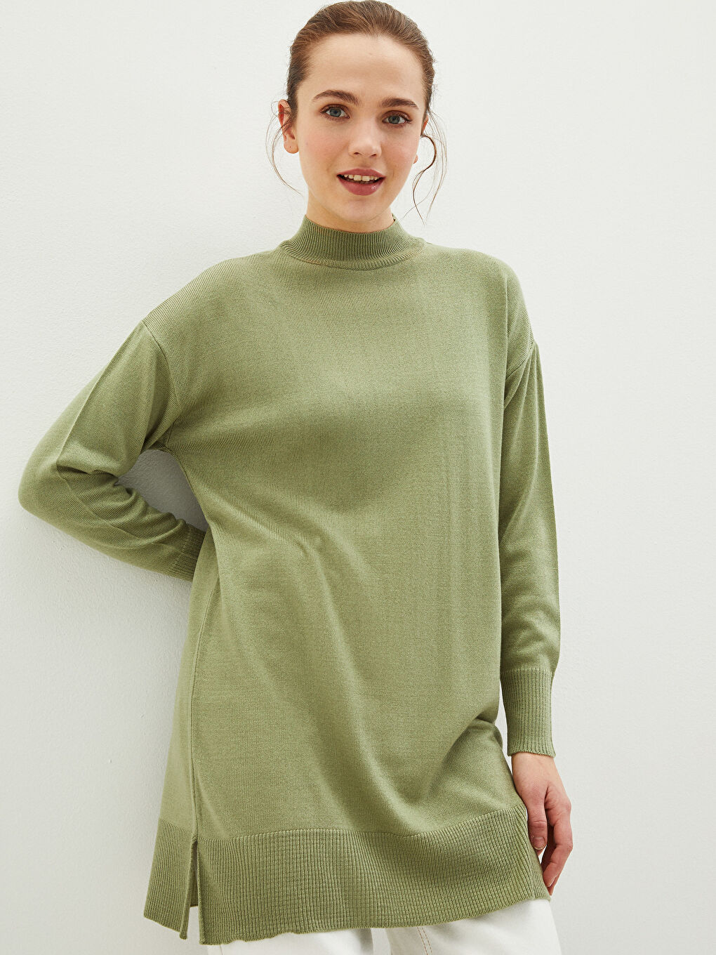 Yeşil Yarım Balıkçı Yaka Düz Uzun Kollu Kadın Triko Tunik