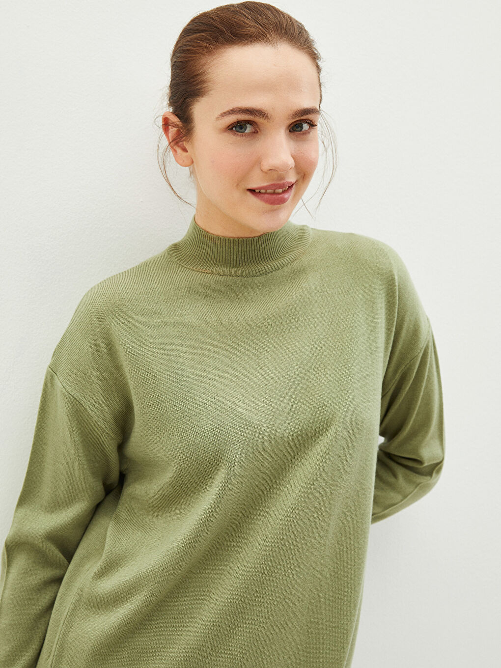 Yeşil Yarım Balıkçı Yaka Düz Uzun Kollu Kadın Triko Tunik-1