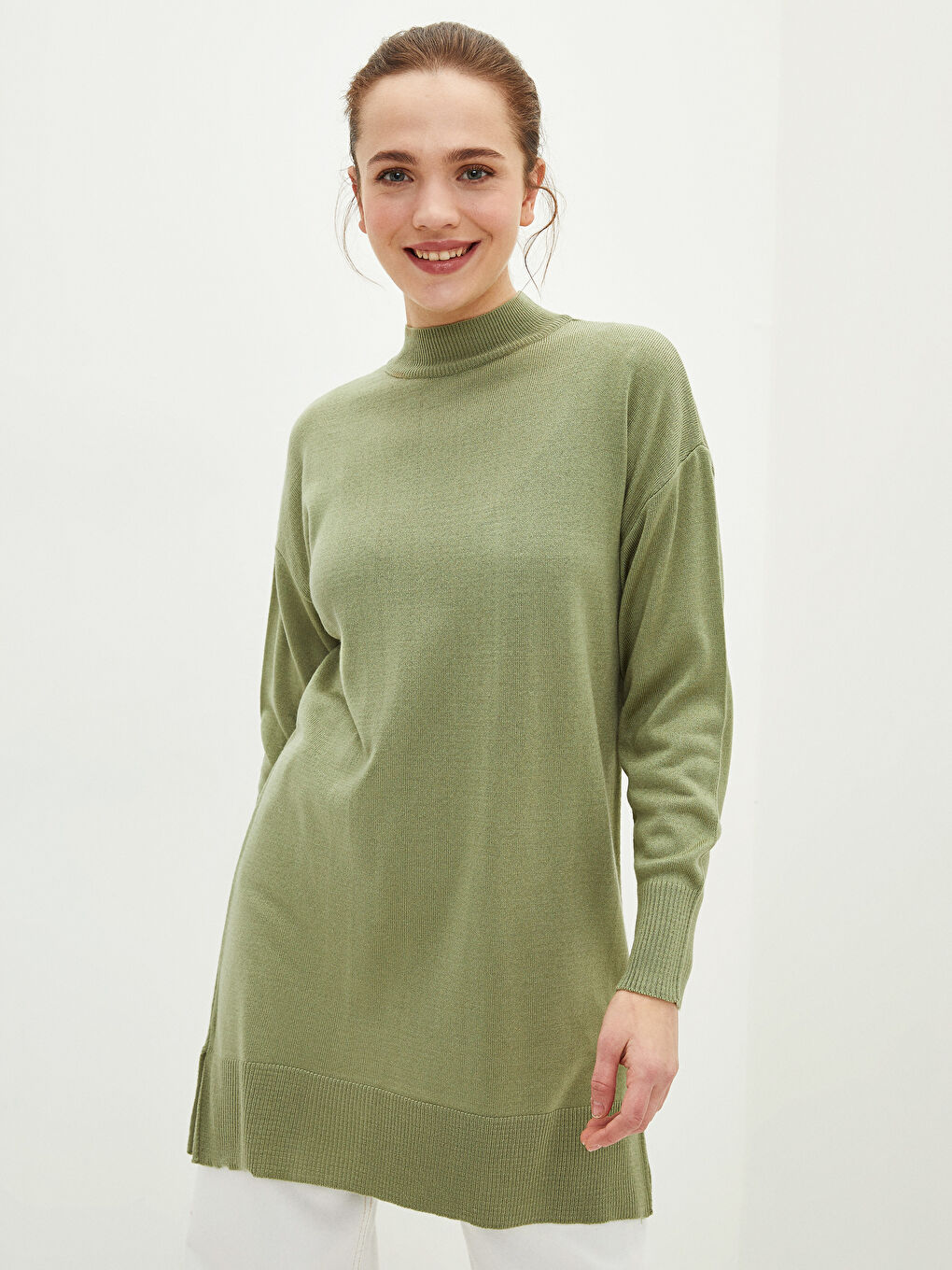 Yeşil Yarım Balıkçı Yaka Düz Uzun Kollu Kadın Triko Tunik-2