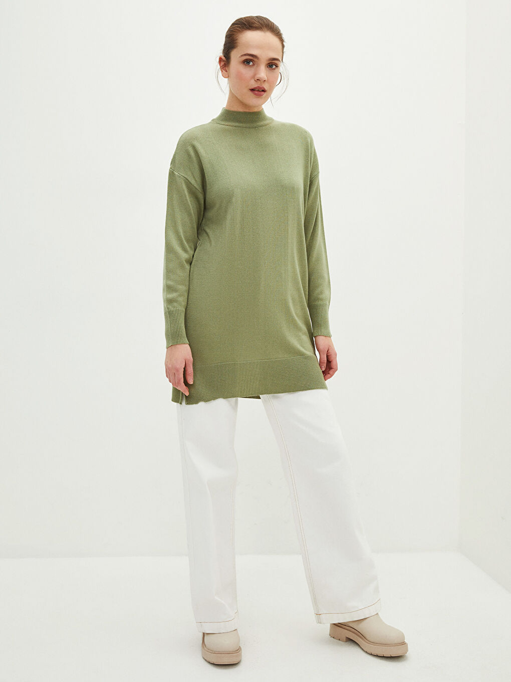 Yeşil Yarım Balıkçı Yaka Düz Uzun Kollu Kadın Triko Tunik-3