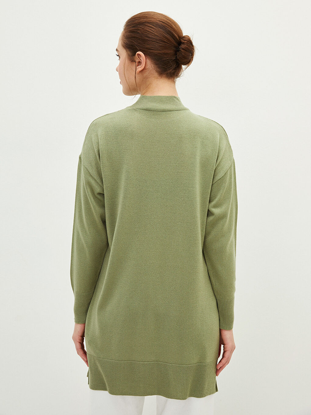 Yeşil Yarım Balıkçı Yaka Düz Uzun Kollu Kadın Triko Tunik-5