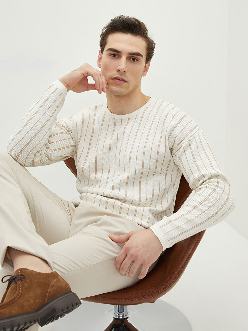 Ekru Bisiklet Yaka Uzun Kollu Çizgili Erkek Triko Kazak