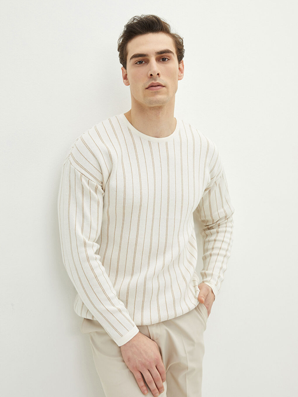 Ekru Bisiklet Yaka Uzun Kollu Çizgili Erkek Triko Kazak-1