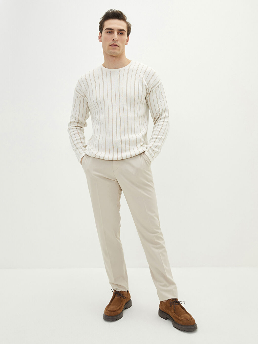 Ekru Bisiklet Yaka Uzun Kollu Çizgili Erkek Triko Kazak-2