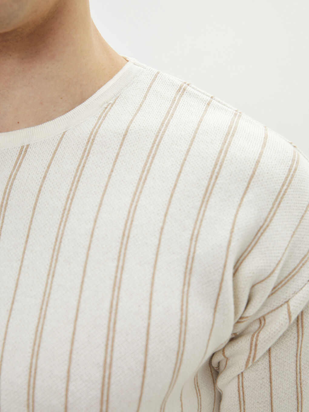 Ekru Bisiklet Yaka Uzun Kollu Çizgili Erkek Triko Kazak-3