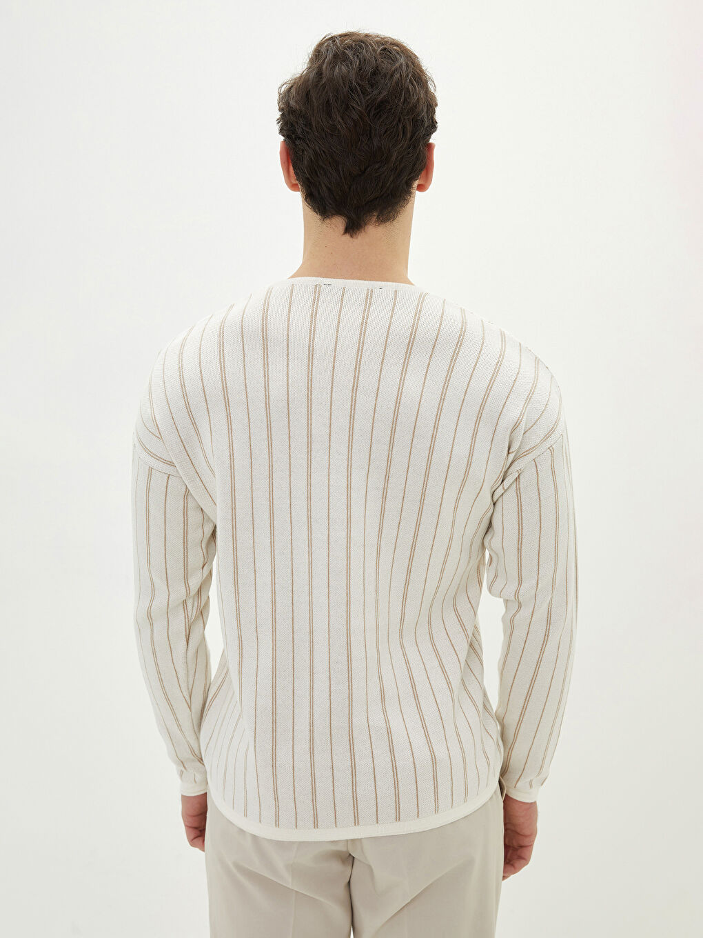 Ekru Bisiklet Yaka Uzun Kollu Çizgili Erkek Triko Kazak-4