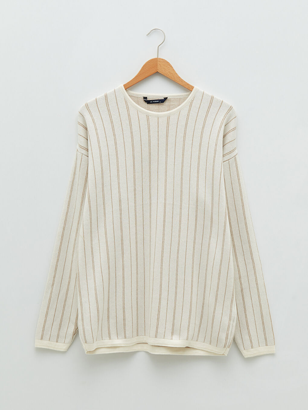 Ekru Bisiklet Yaka Uzun Kollu Çizgili Erkek Triko Kazak-5