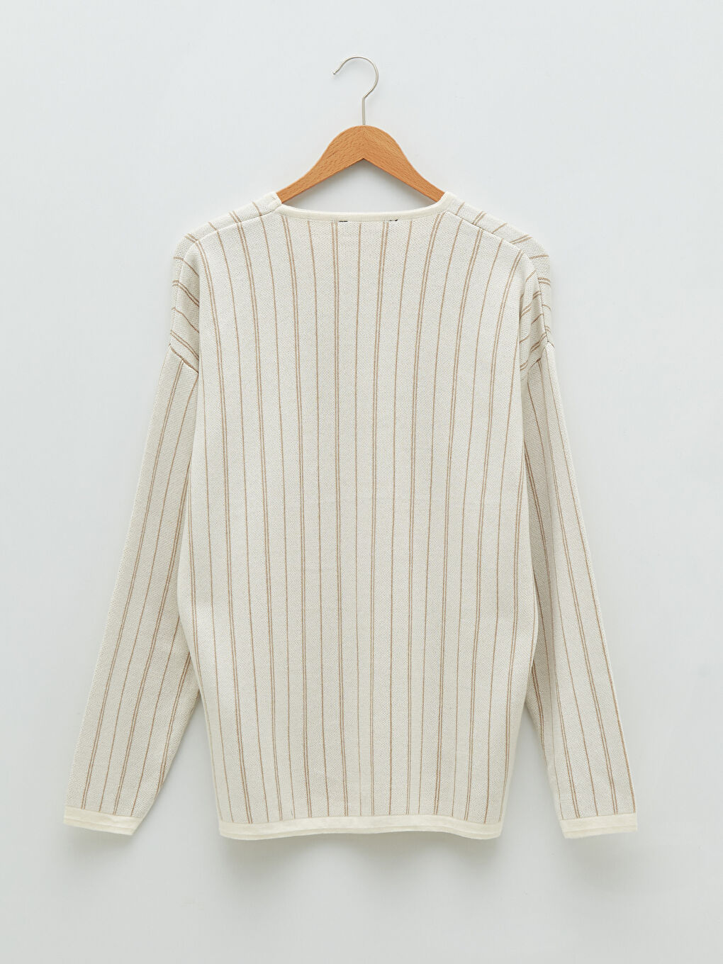 Ekru Bisiklet Yaka Uzun Kollu Çizgili Erkek Triko Kazak-6