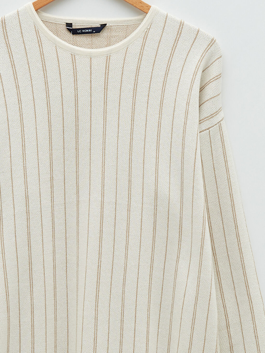 Ekru Bisiklet Yaka Uzun Kollu Çizgili Erkek Triko Kazak-7