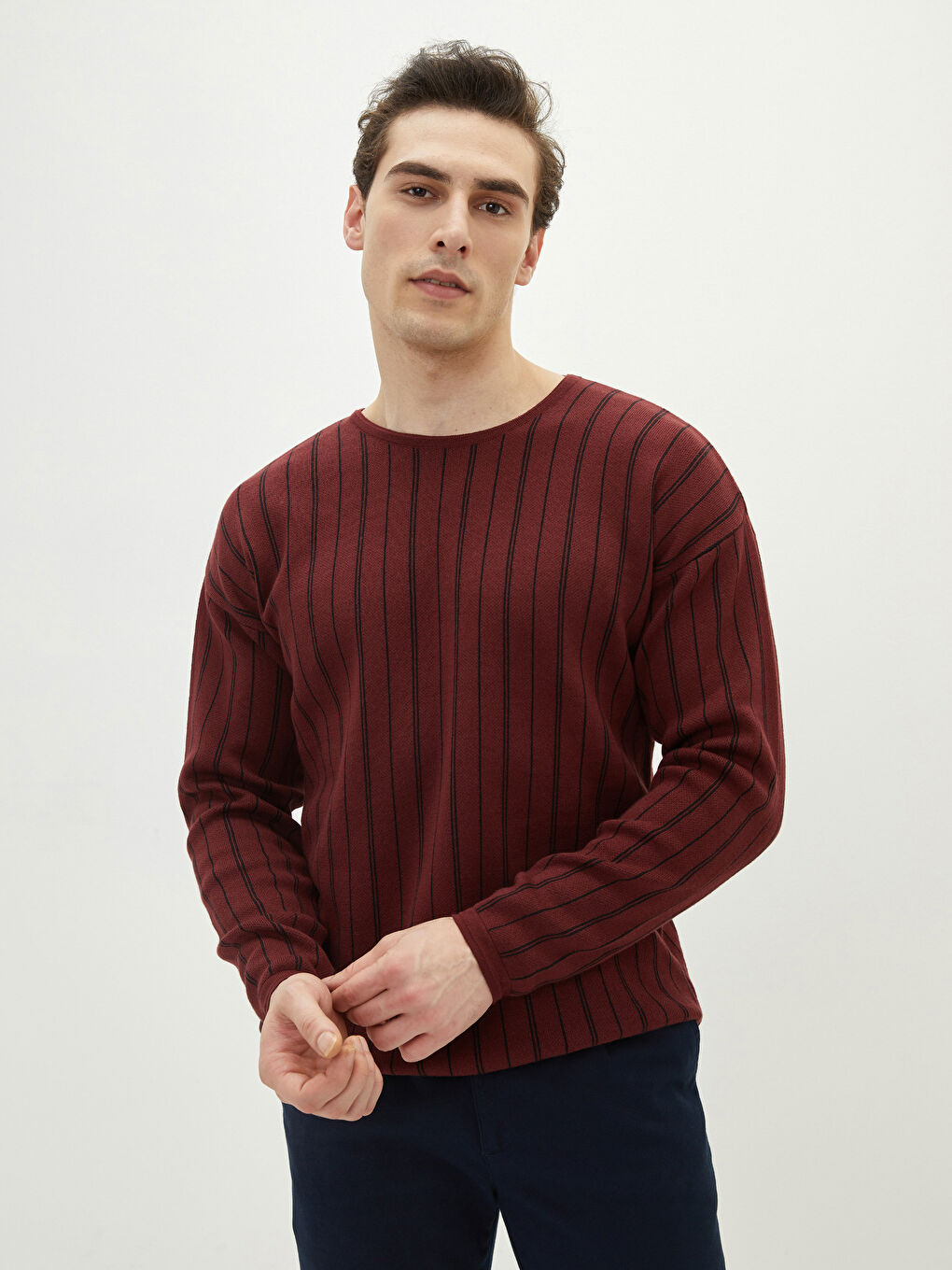 Bordo Bisiklet Yaka Uzun Kollu Çizgili Erkek Triko Kazak