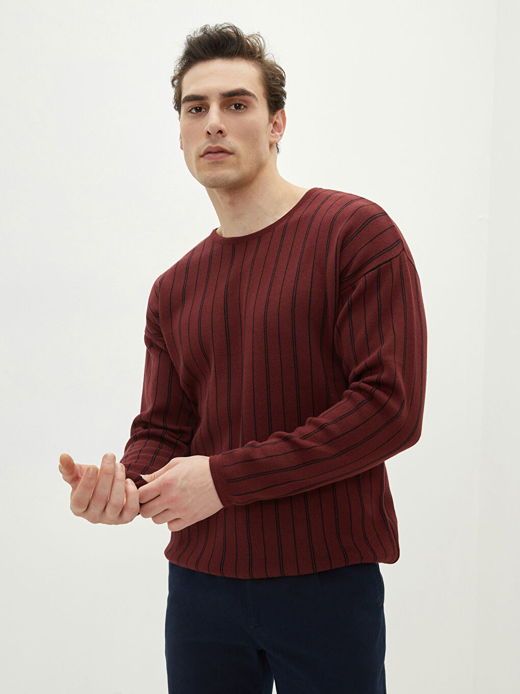 Bordo Bisiklet Yaka Uzun Kollu Çizgili Erkek Triko Kazak-1