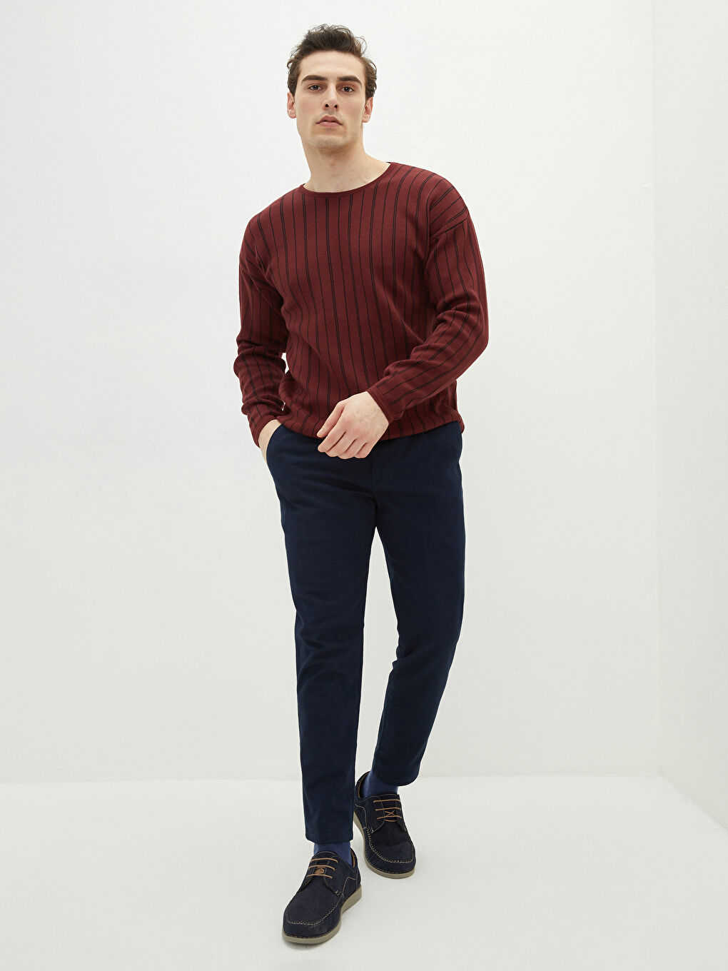 Bordo Bisiklet Yaka Uzun Kollu Çizgili Erkek Triko Kazak-2