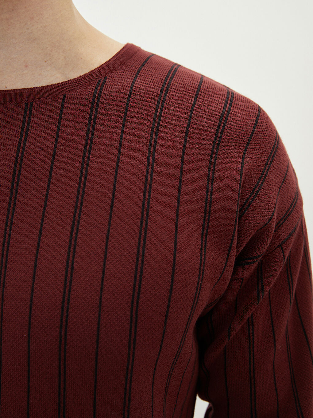 Bordo Bisiklet Yaka Uzun Kollu Çizgili Erkek Triko Kazak-3