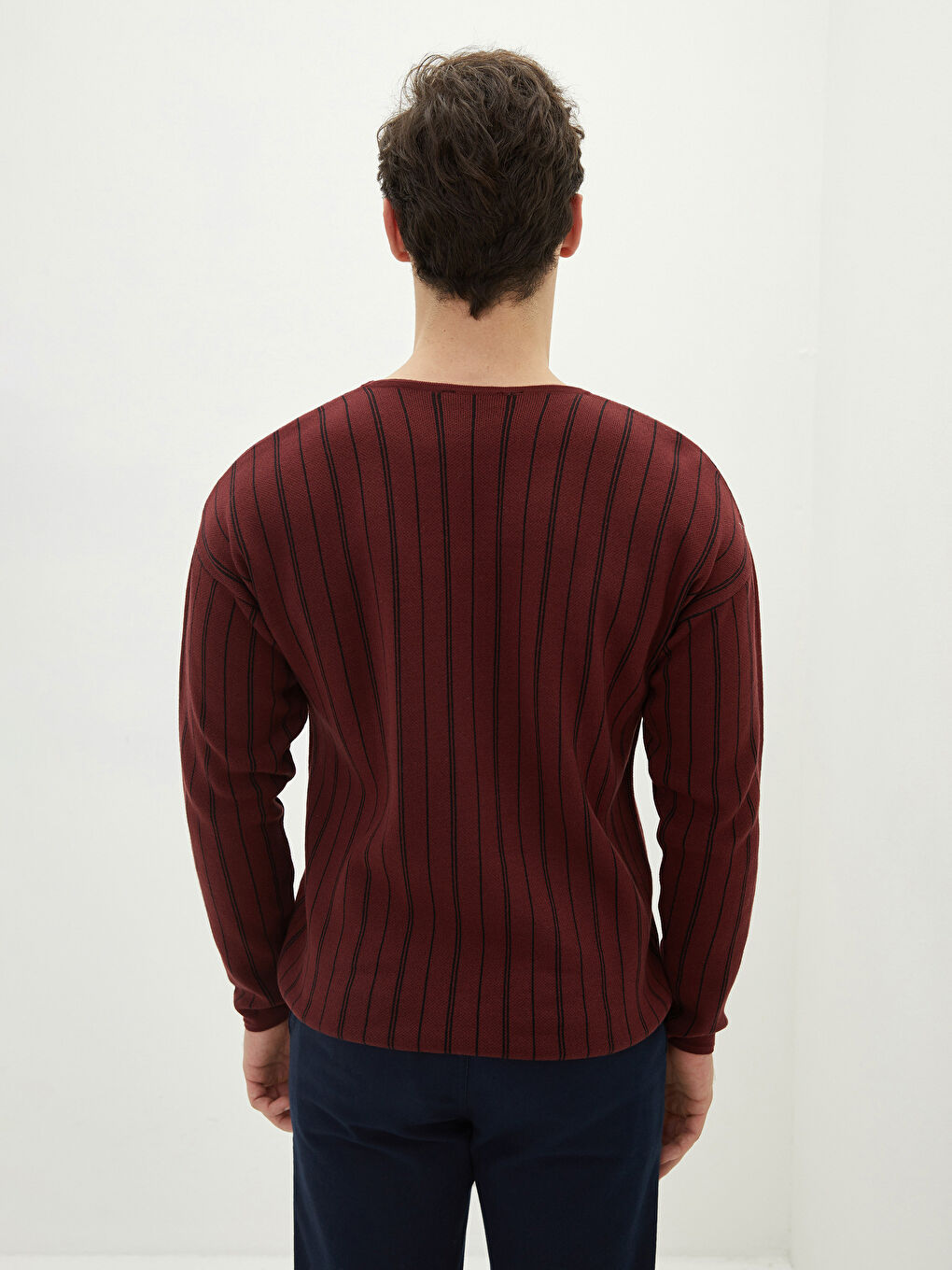 Bordo Bisiklet Yaka Uzun Kollu Çizgili Erkek Triko Kazak-4