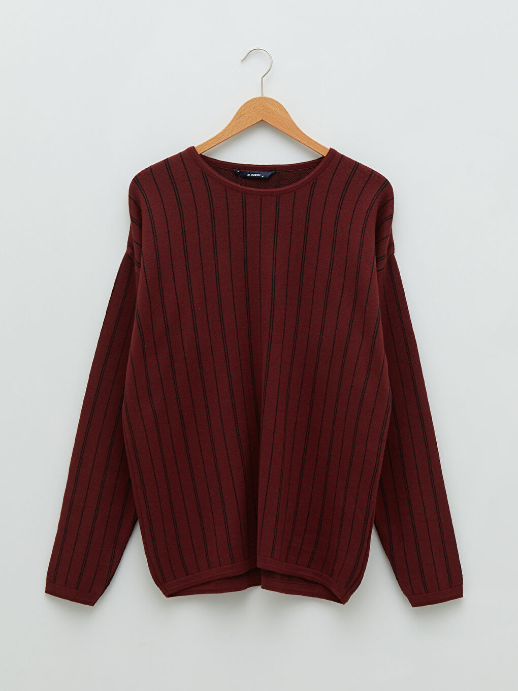 Bordo Bisiklet Yaka Uzun Kollu Çizgili Erkek Triko Kazak-5