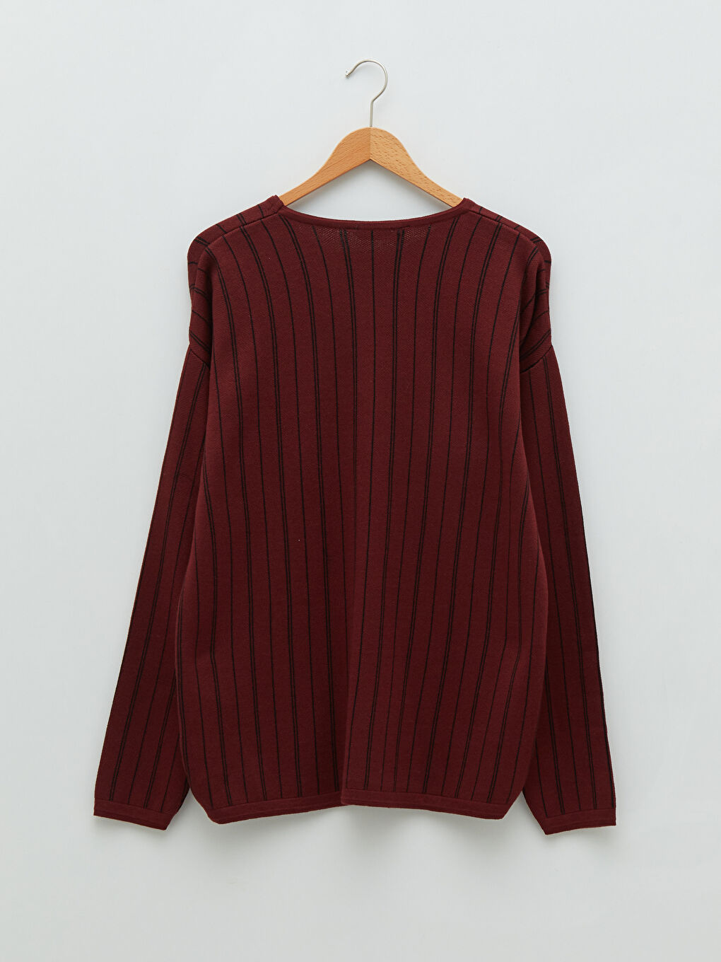 Bordo Bisiklet Yaka Uzun Kollu Çizgili Erkek Triko Kazak-6