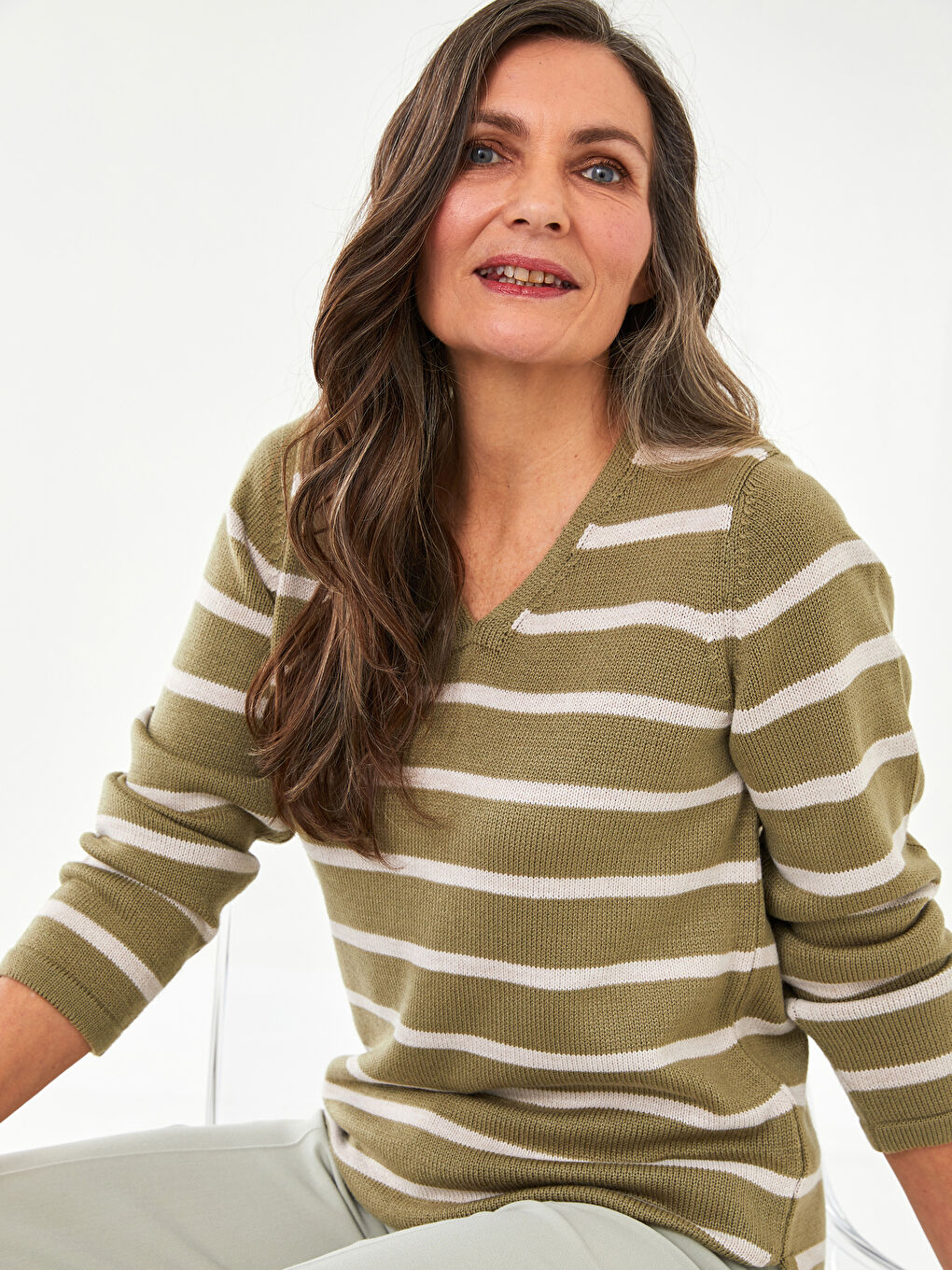 V-Ausschnitt Gestreift Langarm Damen Strickpullover