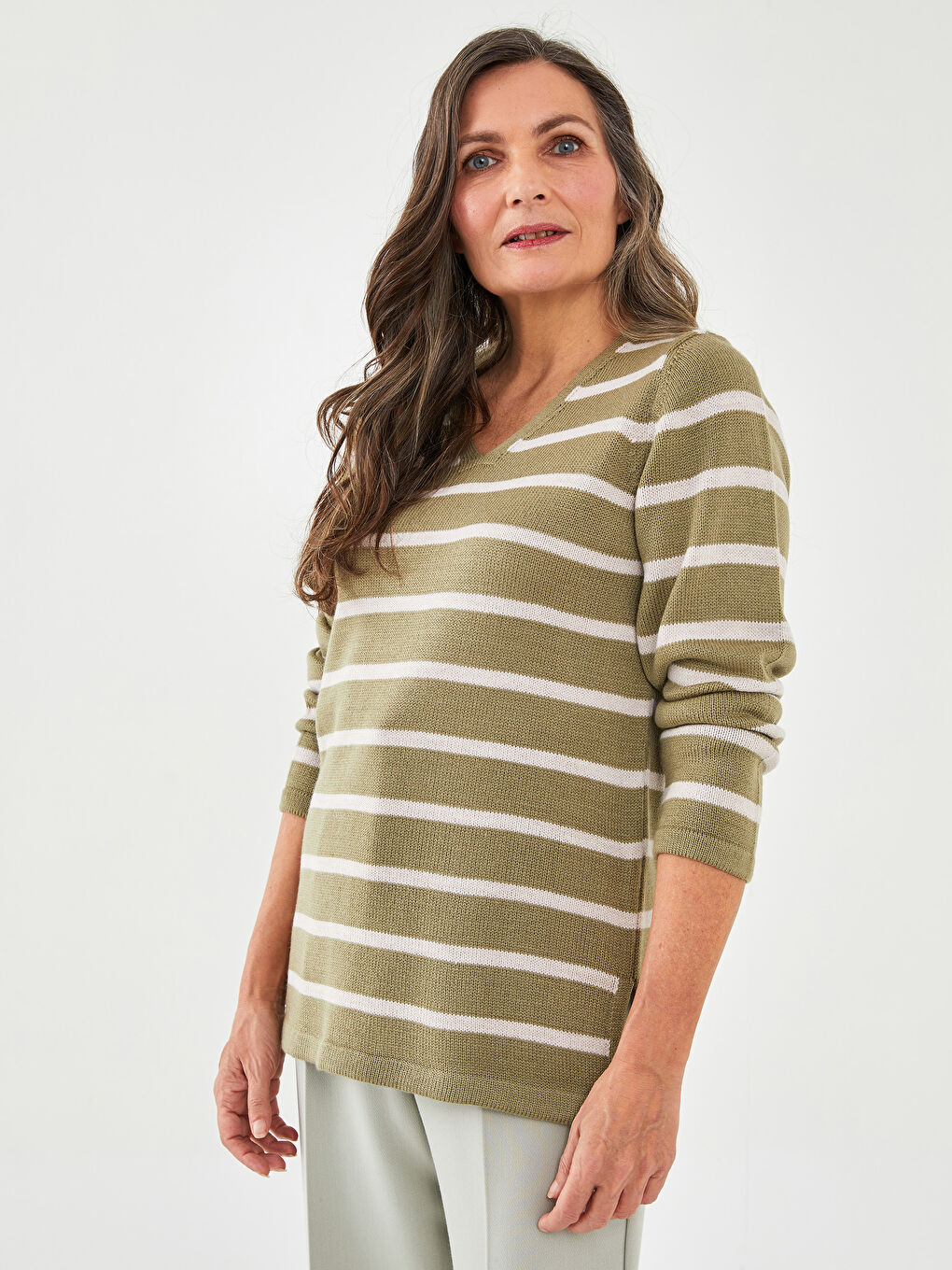 V-Ausschnitt Gestreift Langarm Damen Strickpullover-1