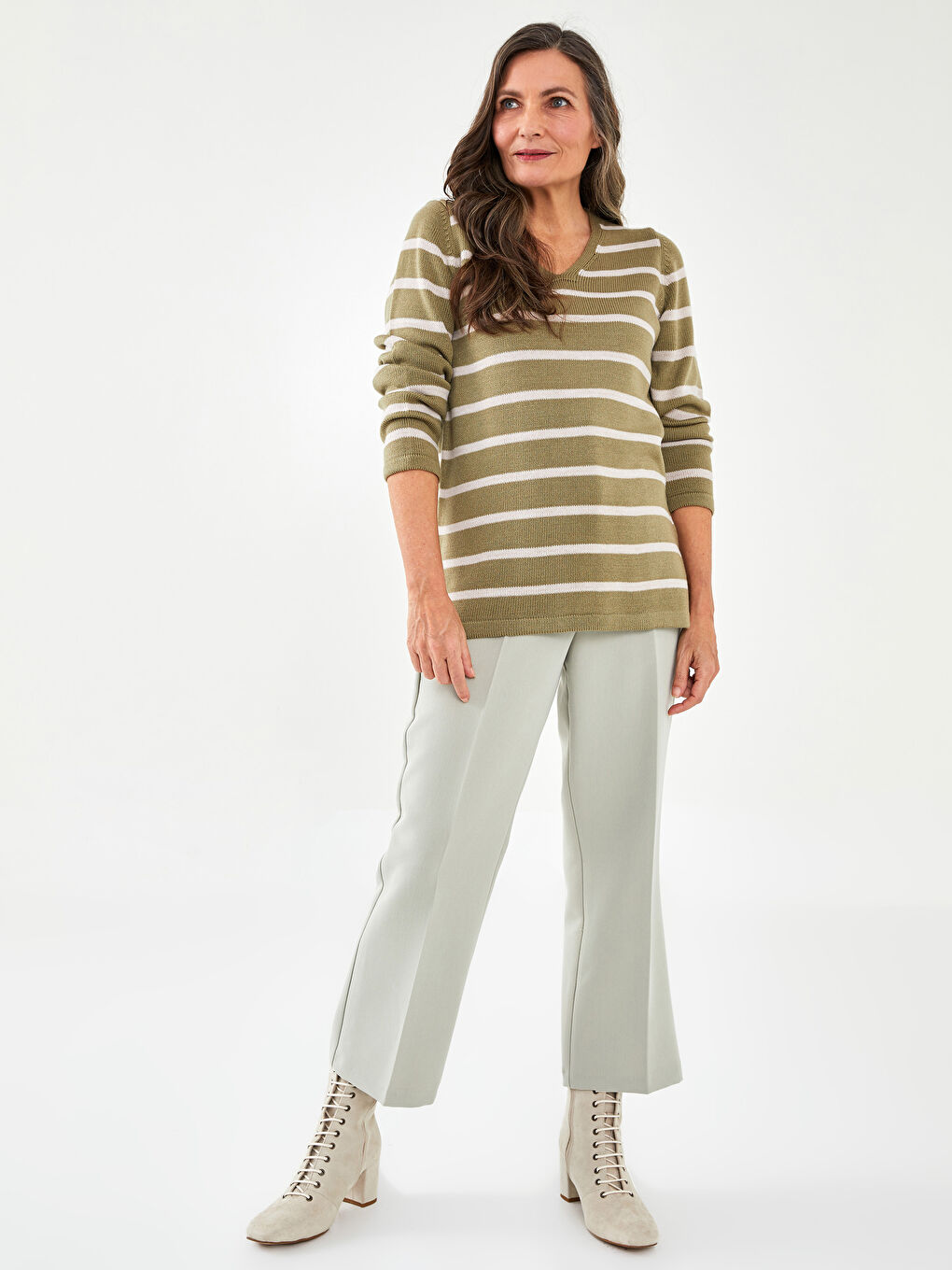 V-Ausschnitt Gestreift Langarm Damen Strickpullover-3