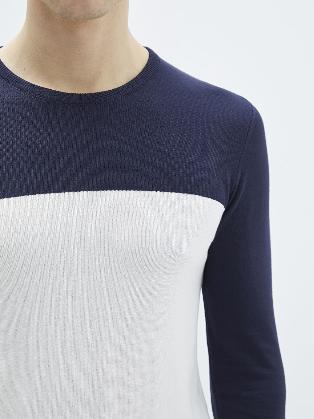 Beyaz Bisiklet Yaka Uzun Kollu Renk Bloklu İnce Erkek Triko Kazak-3