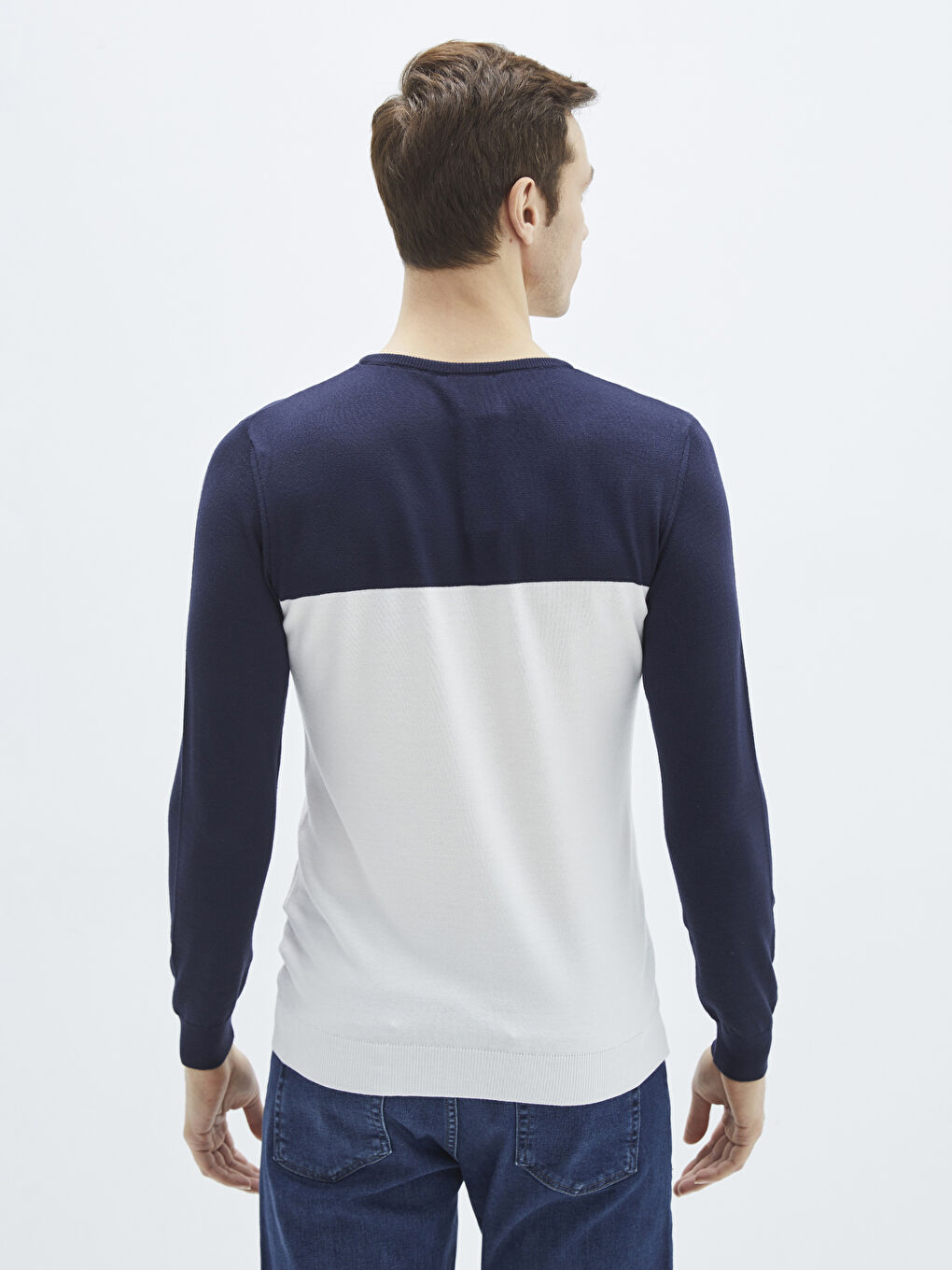 Beyaz Bisiklet Yaka Uzun Kollu Renk Bloklu İnce Erkek Triko Kazak-4