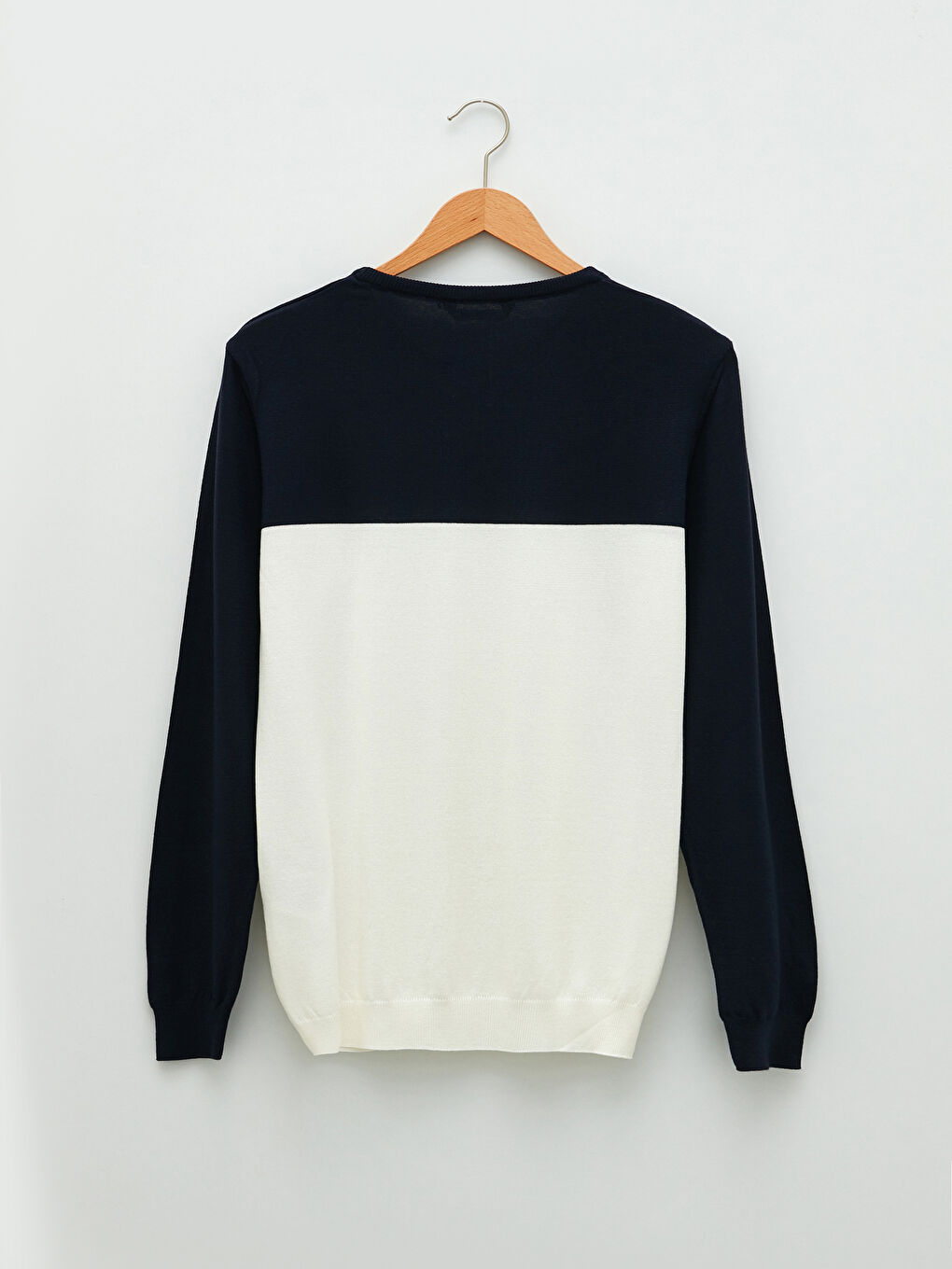 Beyaz Bisiklet Yaka Uzun Kollu Renk Bloklu İnce Erkek Triko Kazak-6