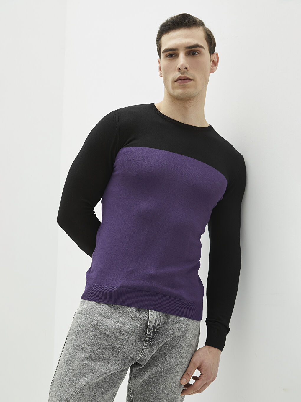 Mürdüm Bisiklet Yaka Uzun Kollu Renk Bloklu İnce Erkek Triko Kazak-1