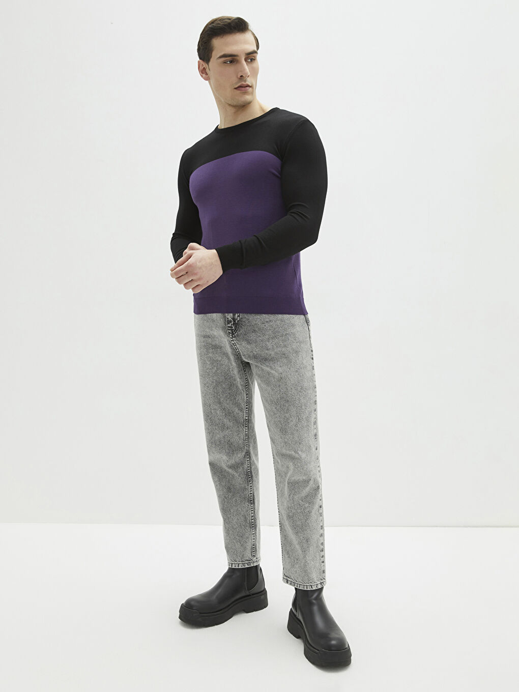 Mürdüm Bisiklet Yaka Uzun Kollu Renk Bloklu İnce Erkek Triko Kazak-2