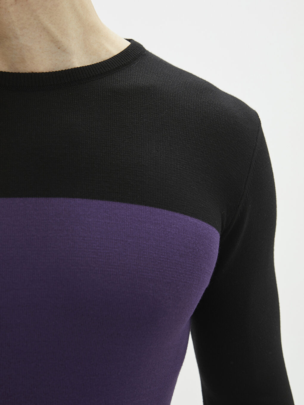 Mürdüm Bisiklet Yaka Uzun Kollu Renk Bloklu İnce Erkek Triko Kazak-3