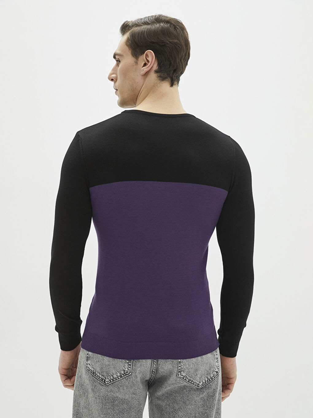 Mürdüm Bisiklet Yaka Uzun Kollu Renk Bloklu İnce Erkek Triko Kazak-4