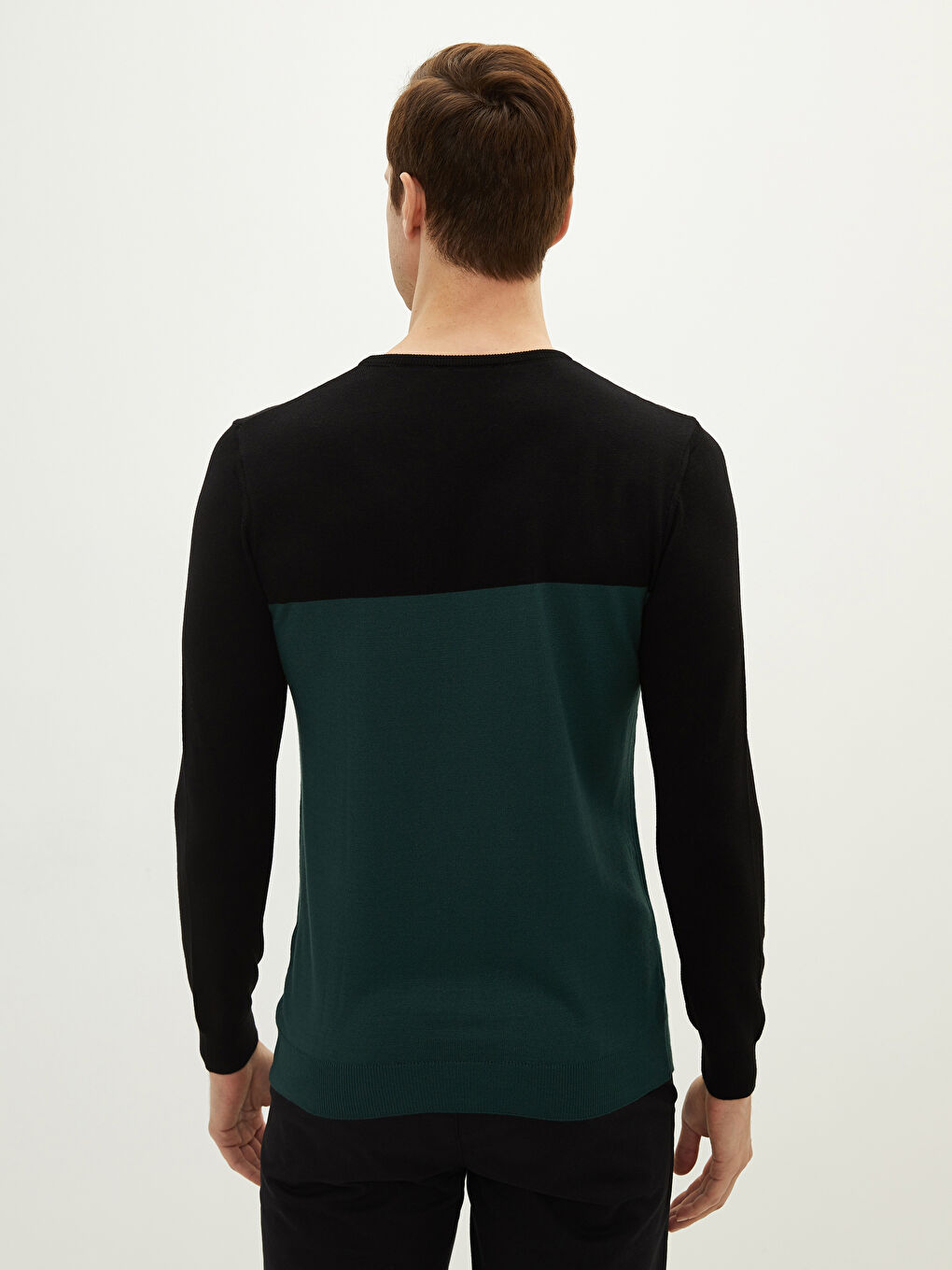 Yeşil Bisiklet Yaka Uzun Kollu Renk Bloklu İnce Erkek Triko Kazak-4